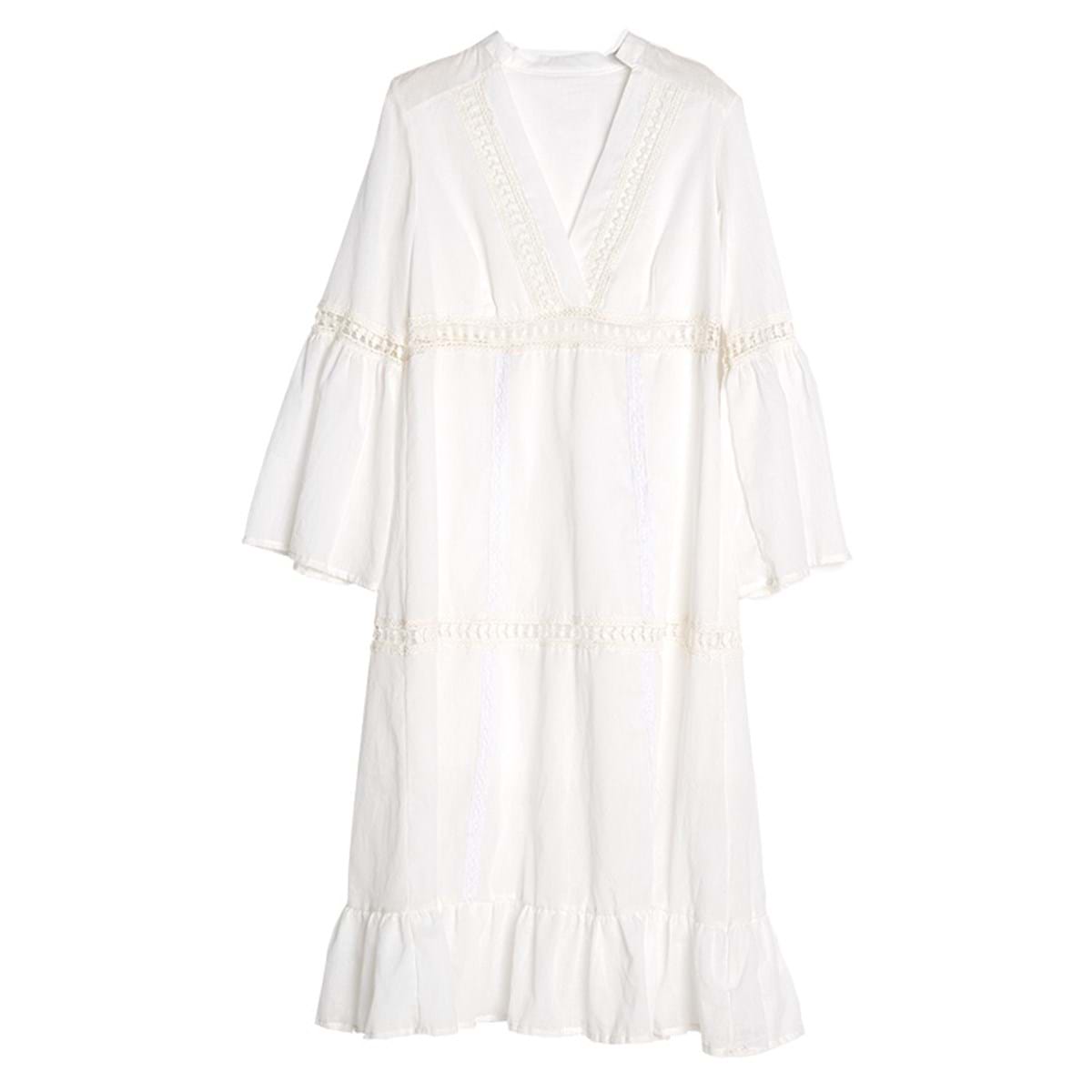 Sukienka długa z rękawami - biała - bawełniana | dodatki |